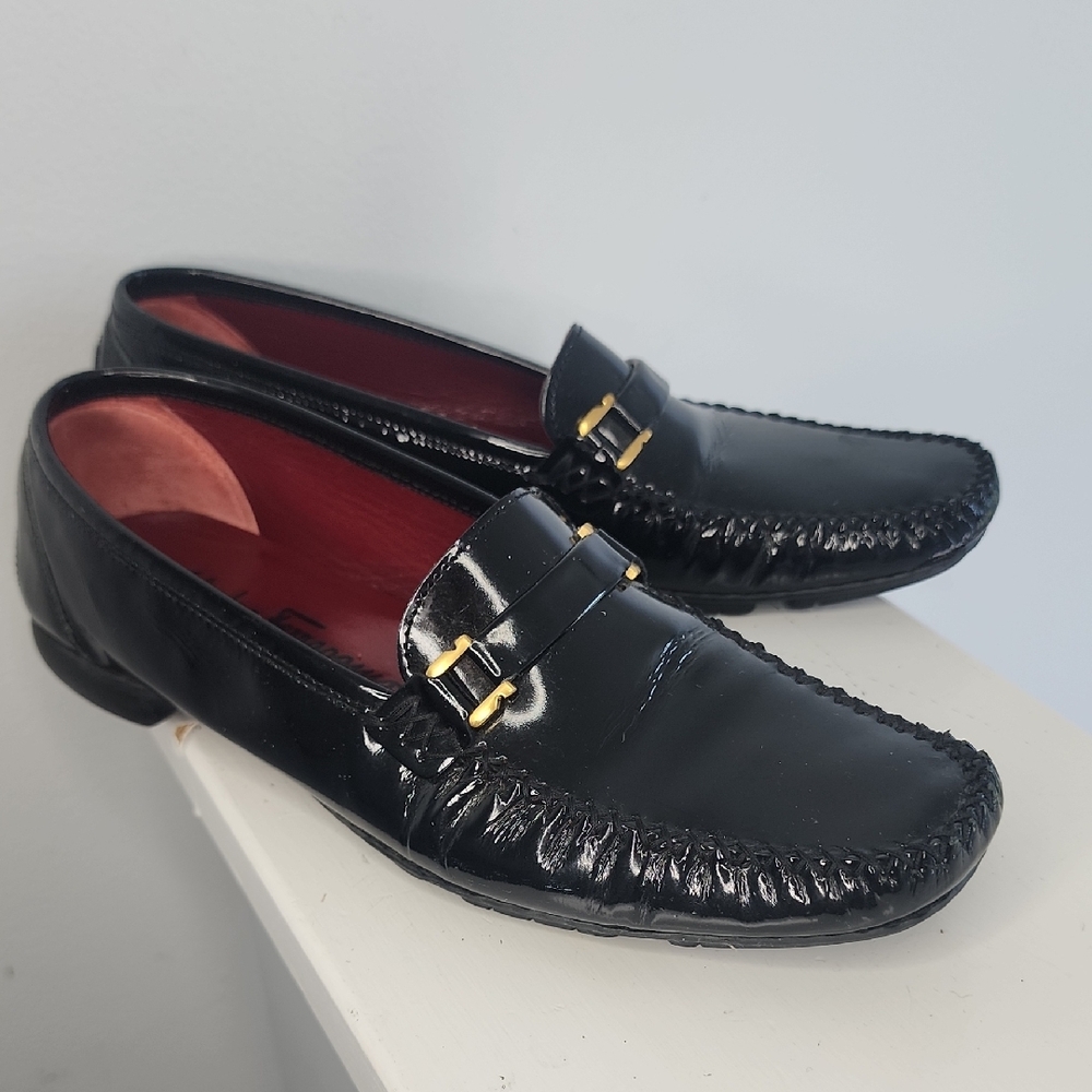 Salvatore Ferragamo Patent Leather Womens Shoes with Gold Accents Size 7